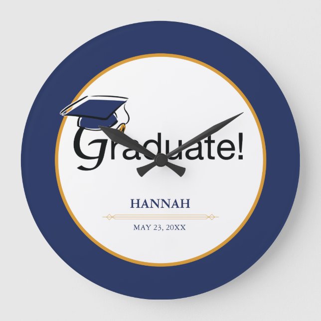 Congratulations Graduate, Hat, Tassel, Blue, Gold Large Clock (Front)