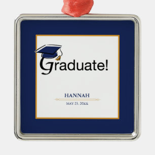 Congratulations Graduate, Hat, Tassel, Blue, Gold Metal Tree Decoration