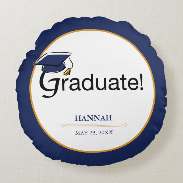 Congratulations Graduate, Hat, Tassel, Blue, Gold Round Cushion (Front)