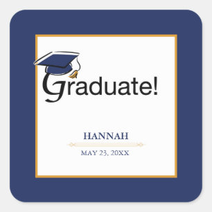 Congratulations Graduate, Hat, Tassel, Blue, Gold Square Sticker