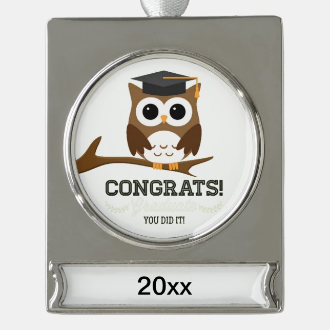 Congratulations Graduate Owl Silver Plated Banner Ornament (Front)