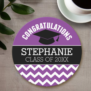Congratulations Graduate - Purple Black Graduation Round Paper Coaster