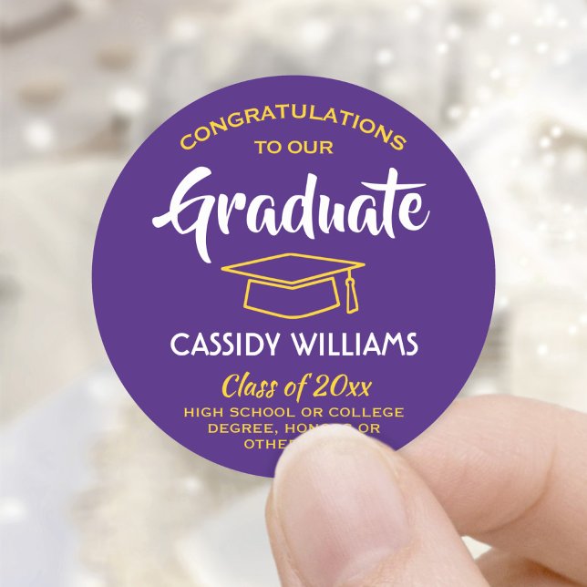 Congratulations Graduate Purple & Gold Graduation Classic Round Sticker (Creator Uploaded)