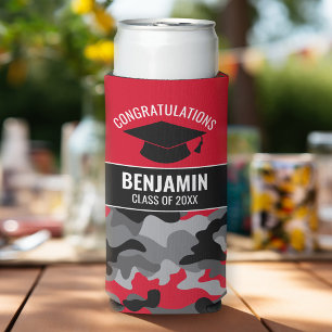 Congratulations Graduate Red Black Graduation Camo Seltzer Can Cooler