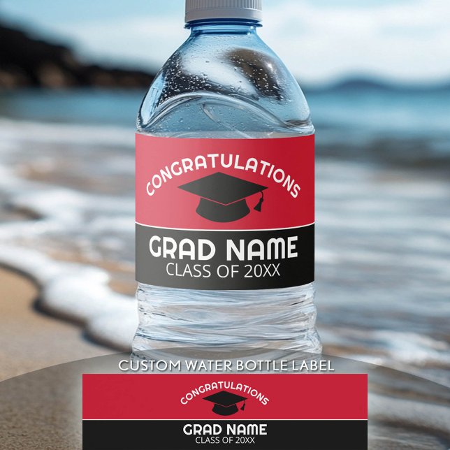 Congratulations Graduate - Red Black Graduation Water Bottle Label (Custom Graduation Water Bottle Label)