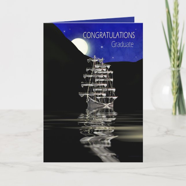 Congratulations, Graduate,  Ship with Sails, Night Card (Front)
