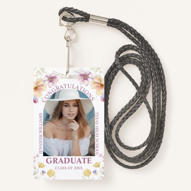 congratulations graduate watercolor floral photo  ID badge (Front with Lanyard)