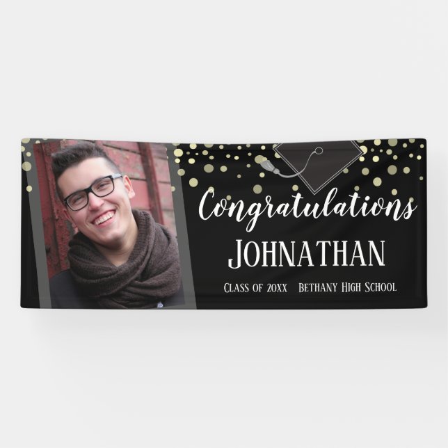 Congratulations Graduation Black Confetti Photo Banner (Horizontal)
