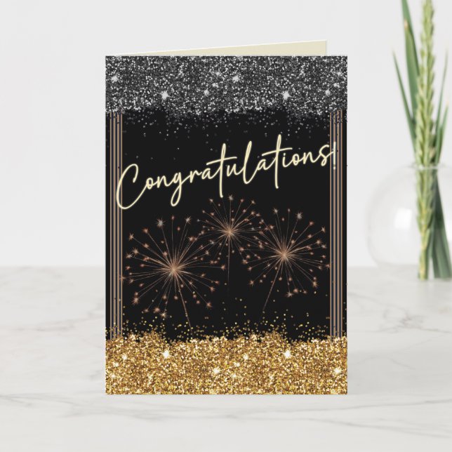 Congratulations Graduation Black & Gold Sparkle Card (Front)