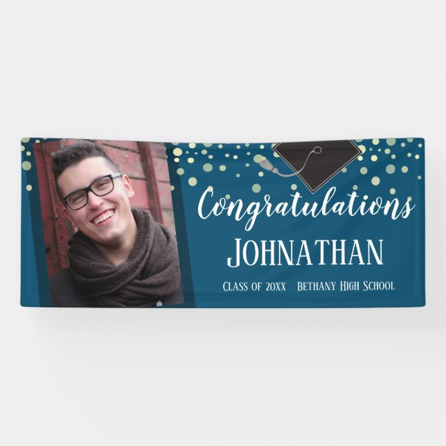 Congratulations Graduation Blue Confetti Photo Banner (Horizontal)