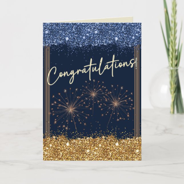 Congratulations Graduation Blue & Gold Sparkle Card (Front)
