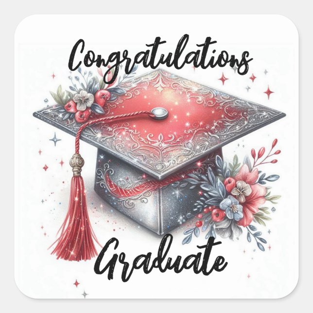 Congratulations Graduation Cap and Diploma Square Sticker (Front)