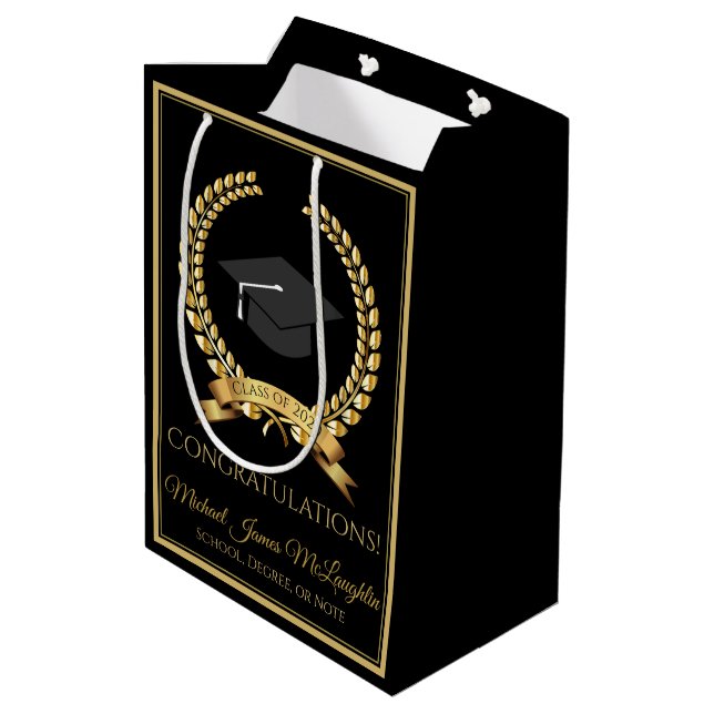 Congratulations Graduation Gift Bag Gold on Black (Back Angled)