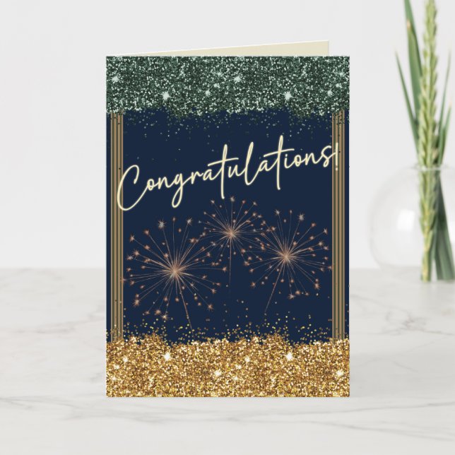 Congratulations Graduation Green & Gold Sparkle Card (Front)