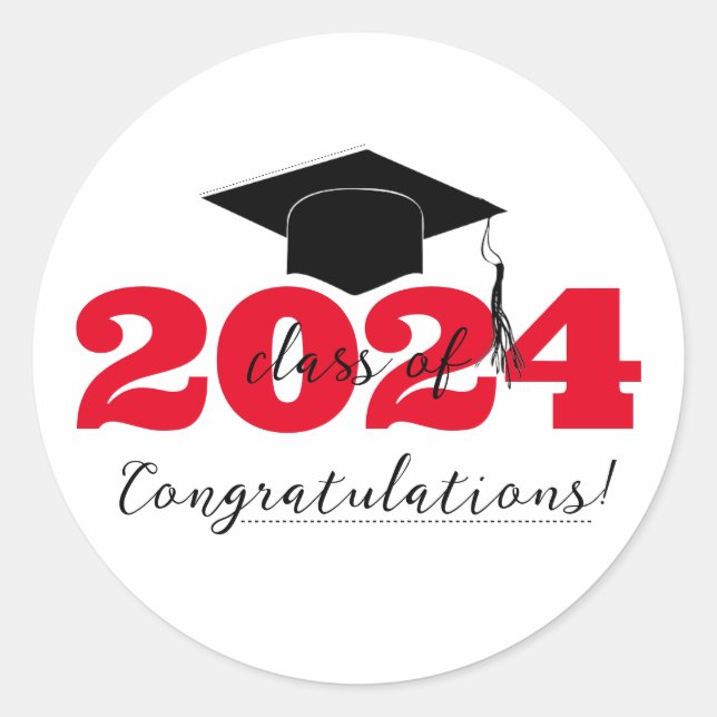 Congratulations Graduation Hat Red Black White Classic Round Sticker (Front)