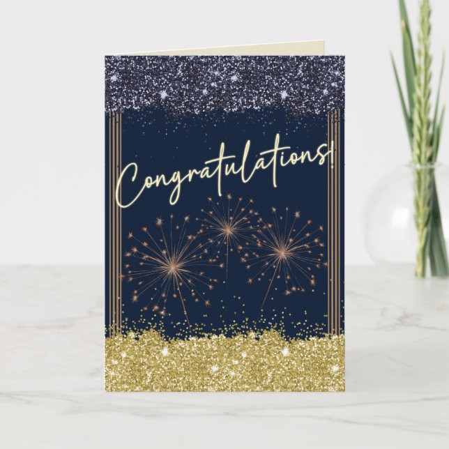 Congratulations Graduation Navy & Yellow Sparkle Card (Front)