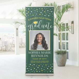 Congratulations Graduation Photo Green and Gold Retractable Banner