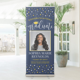 Congratulations Graduation Photo Navy Blue & Gold Retractable Banner