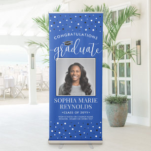 Congratulations Graduation Photo Royal Blue White Retractable Banner