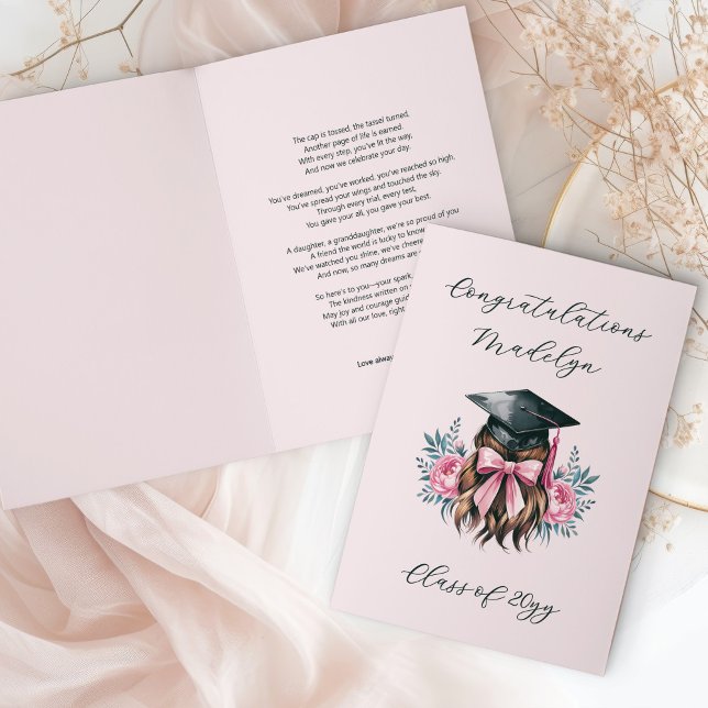 Congratulations Graduation Poem Feminine Grad Cap Card (Graduation Congratulations Card for Female Graduate with Grad Cap, editable hair color and poem)
