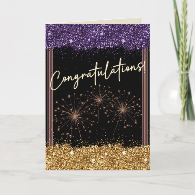 Congratulations Graduation Purple & Gold Sparkle Card (Front)
