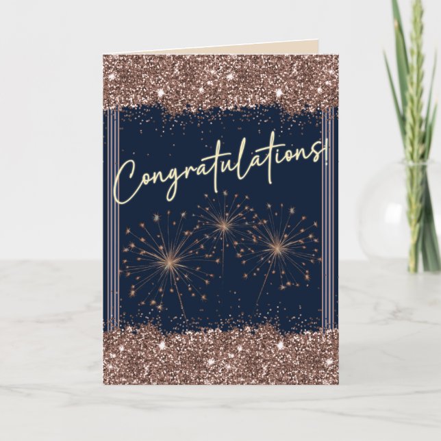 Congratulations Graduation Rose Gold Navy Sparkle Card (Front)
