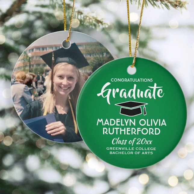 Congratulations Green and White Graduation Photo Ceramic Tree Decoration (Creator Uploaded)