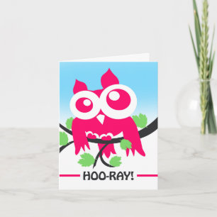 Congratulations Hoo ray Cute Pink Owl on Branch Card