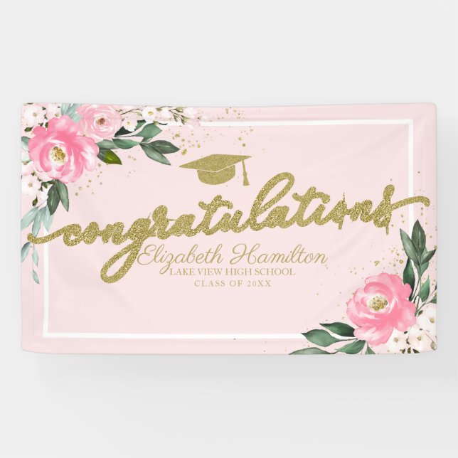 Congratulations Hot Pink Floral Graduation Party Banner (Horizontal)