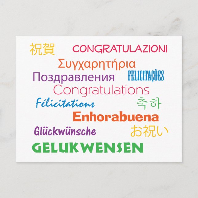 Congratulations in Many Languages Colorful Postcard (Front)