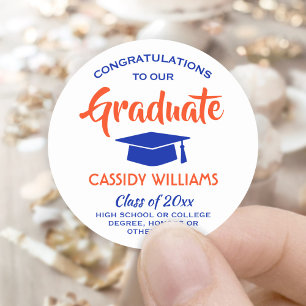 Congratulations Modern Orange and Blue Graduation Classic Round Sticker