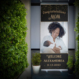Congratulations Mum Mother Baby Photo Black Gold Retractable Banner