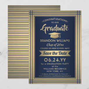 Congratulations Navy and Gold Stripes Graduation Save The Date