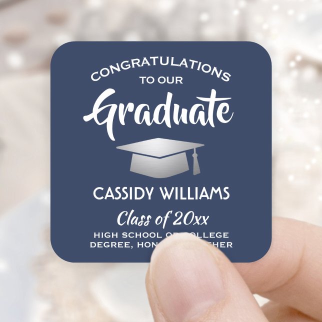 Congratulations Navy Blue and White Graduation Square Sticker (Creator Uploaded)