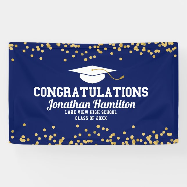 Congratulations Navy Blue Gold Grad Party Banner (Horizontal)