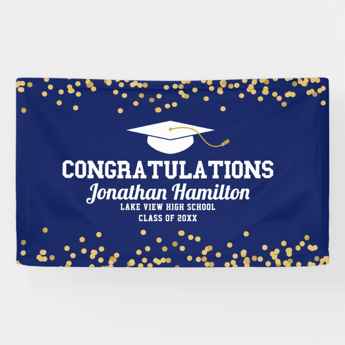 Congratulations Navy Blue Gold Grad Party Banner 