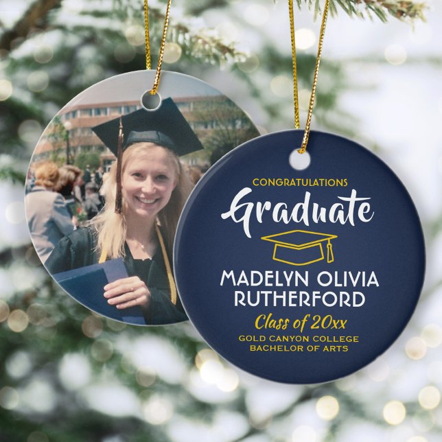 Congratulations Navy Blue & Gold Graduation Photo Ceramic Tree Decoration (Creator Uploaded)