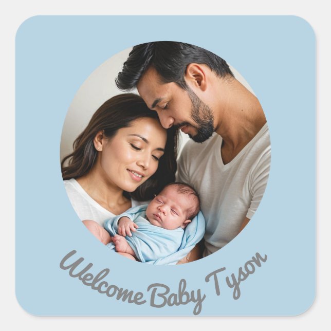 Congratulations new baby boy blue, welcome baby square sticker (Front)