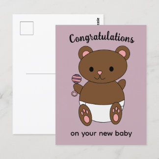 Congratulations New Baby Girl Bear Pink Postcard