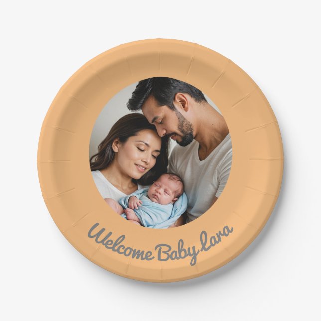 Congratulations new baby girl peach, welcome baby paper plate (Front)
