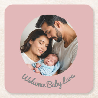 Congratulations new baby girl pink, welcome baby square paper coaster