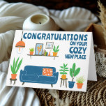 Congratulations New Home Cosy Cute Living Room Card<br><div class="desc">Also available as a digital download so you can send via email and save postage! Customise this housewarming congratulations card with your own text on the front and inside! Click on “Personalise” above to edit the text. Then click "edit using design tool" to adjust the fonts, colours and placements. Check...</div>