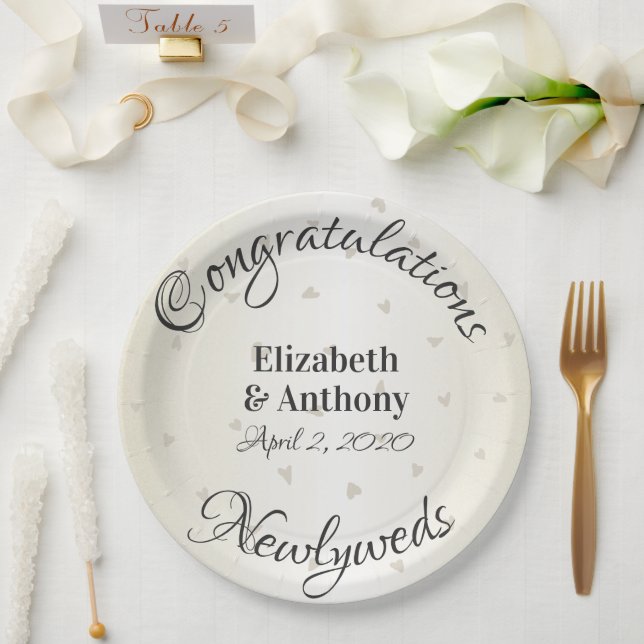 Congratulations Newlyweds Gold Hearts Paper Plates (Wedding)