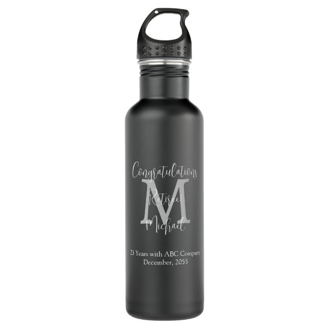 Congratulations on Retirement Monogram Name Black  710 Ml Water Bottle (Front)