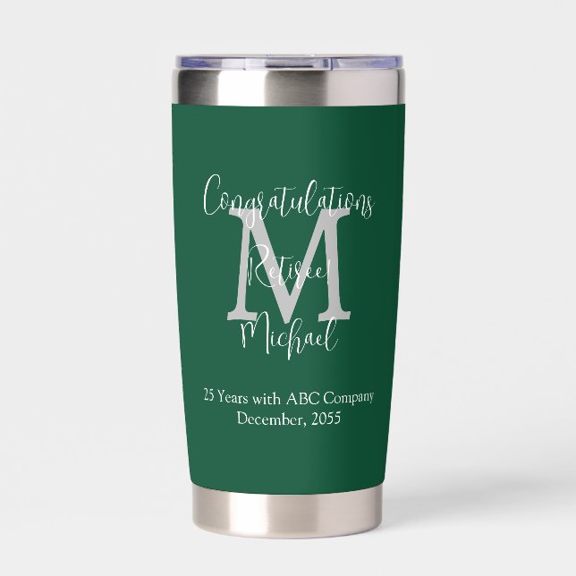 Congratulations on Retirement Monogram Name Green Insulated Tumbler (Front)