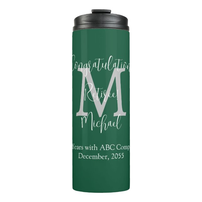 Congratulations on Retirement Monogram Name Green Thermal Tumbler (Front)
