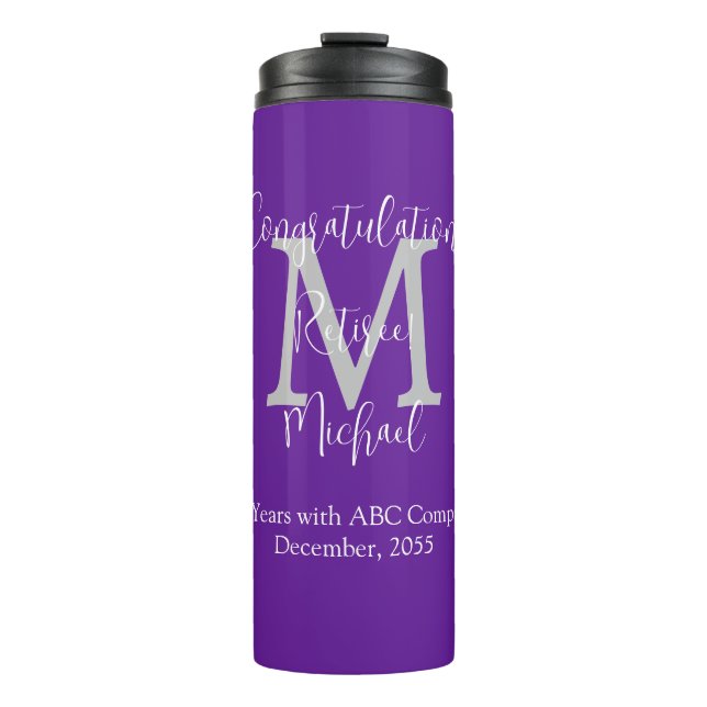 Congratulations on Retirement Monogram Name Purple Thermal Tumbler (Front)
