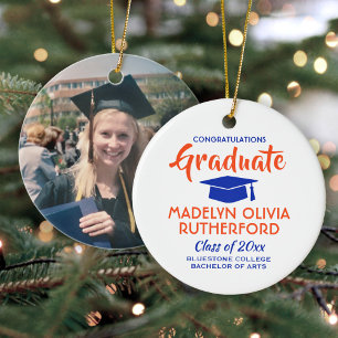 Congratulations Orange and Blue Graduation Photo Ceramic Tree Decoration