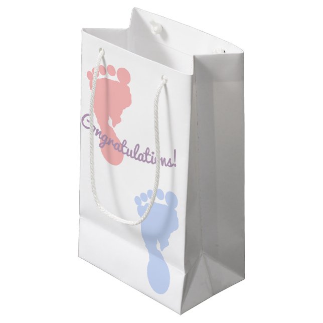 Congratulations Pink and Blue Footprints Pattern Small Gift Bag (Front Angled)