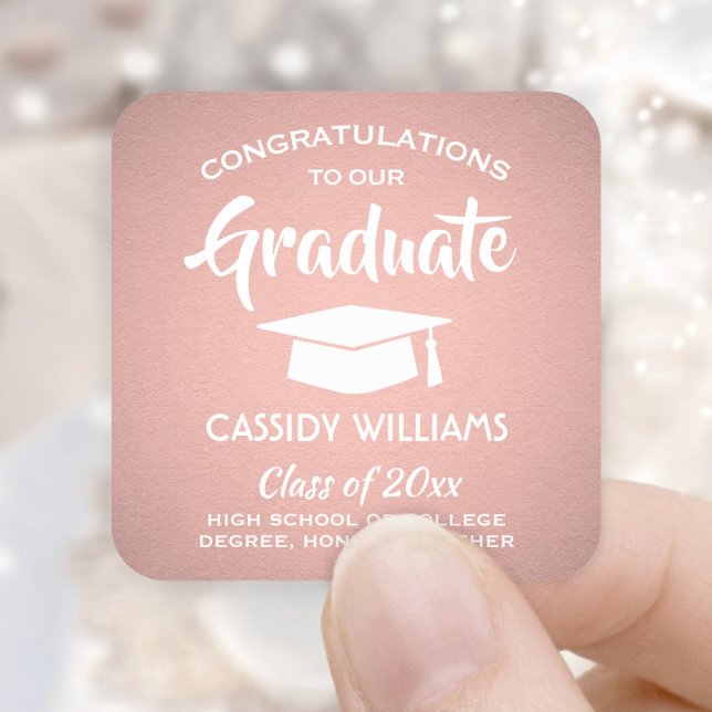 Congratulations Pink Rose Gold Modern Graduation Square Sticker (Creator Uploaded)